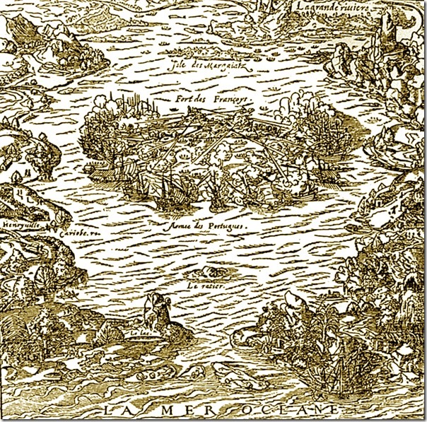 A Captura do Forte Coligny, 1575, André Thévet (1502-1590). Ilustração extraída de La Cosmographie Universelle, 1575, Tomo II, p. 908
